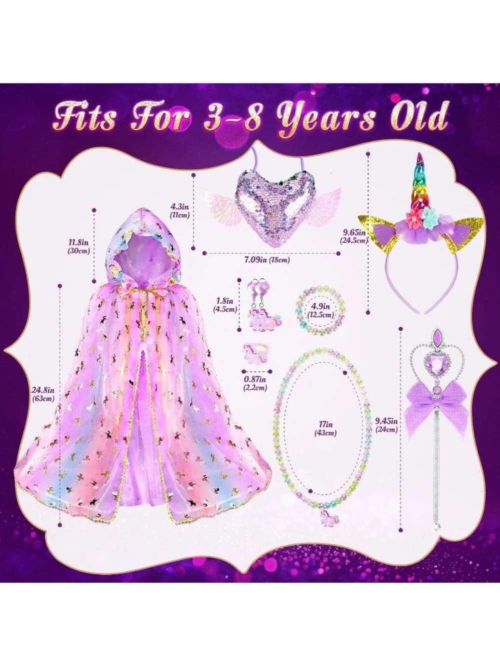Purple Unicorn Princess Dress Up Set Light Up Cape Costume Girls Ages 3-8